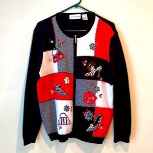 Alfred Dunner Holiday Sweater Long Sleeve Full Zip Black XL